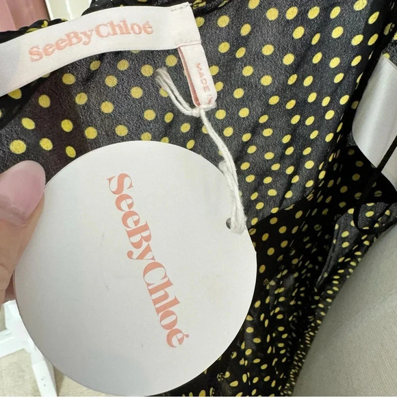 See By Chloe Dot Print Halter Ruffle Dress Black and Yellow Size 8 NWT - Picture 13 of 15